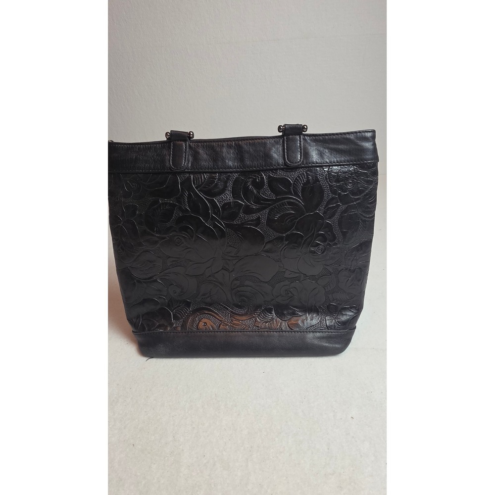 SAS Black Leather Floral Embossed Tote Bag Made in USA Western Goth Boho Chic